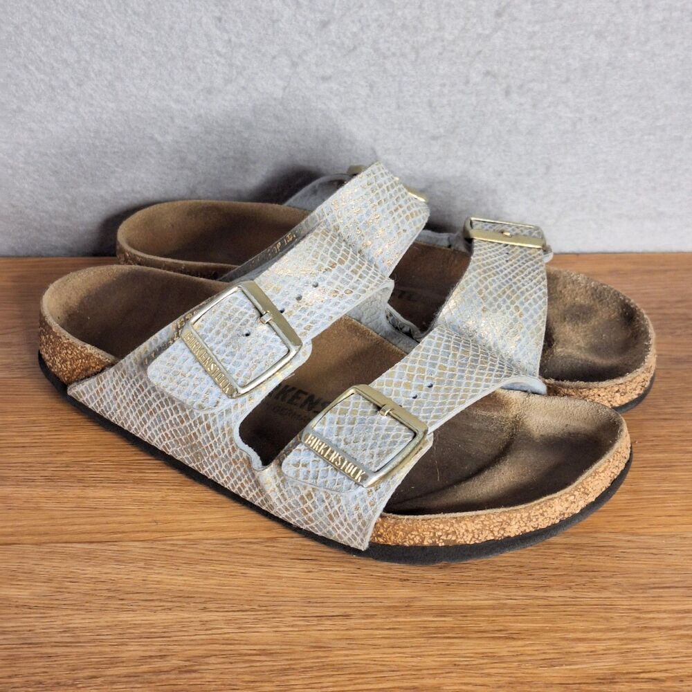 Birkenstock Arizona Women’s 7 EU 38 Narrow Shiny Python Blue Gold Slide Sandals